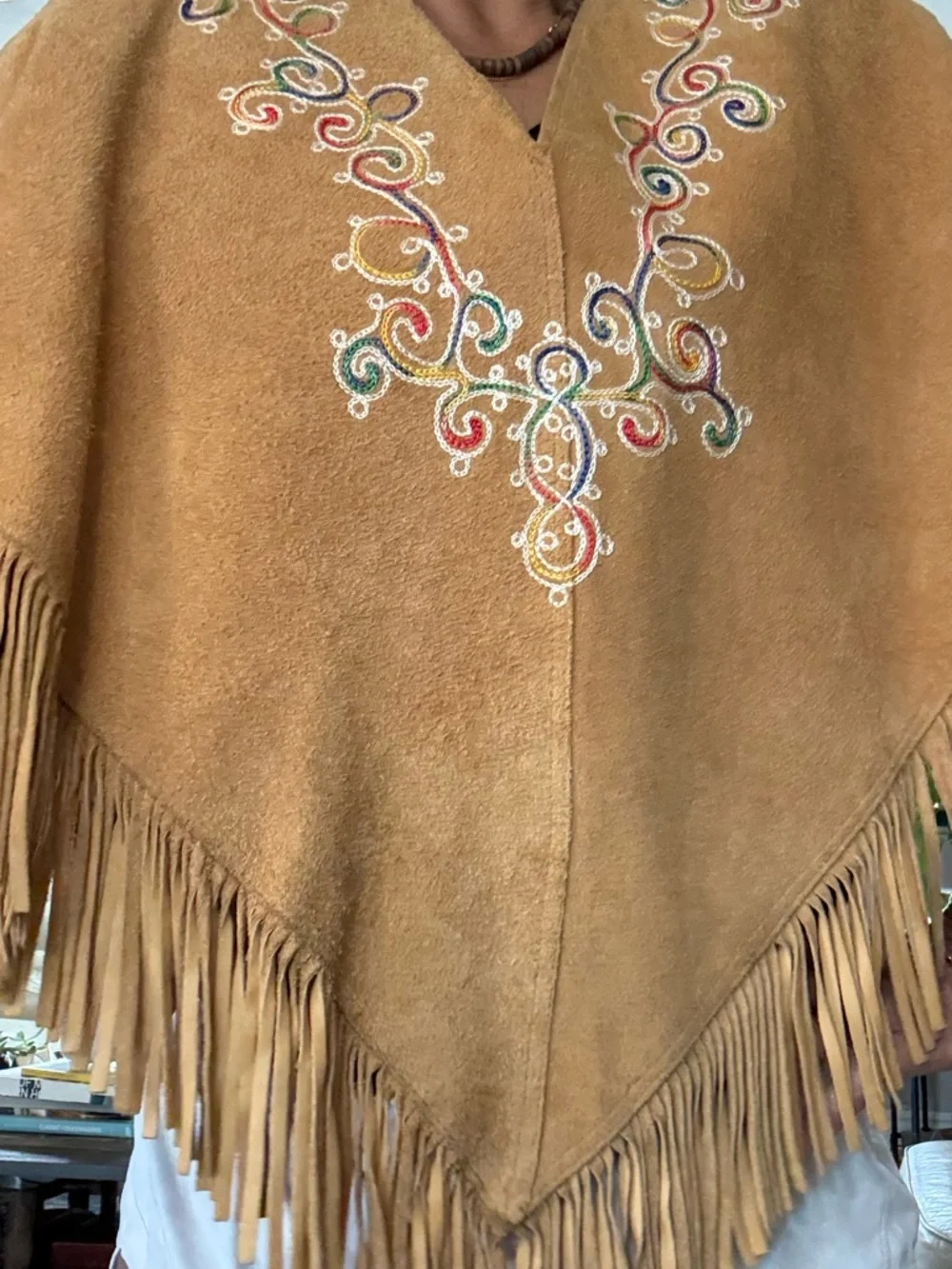 Fringed Suede Embroidered Poncho in Tan